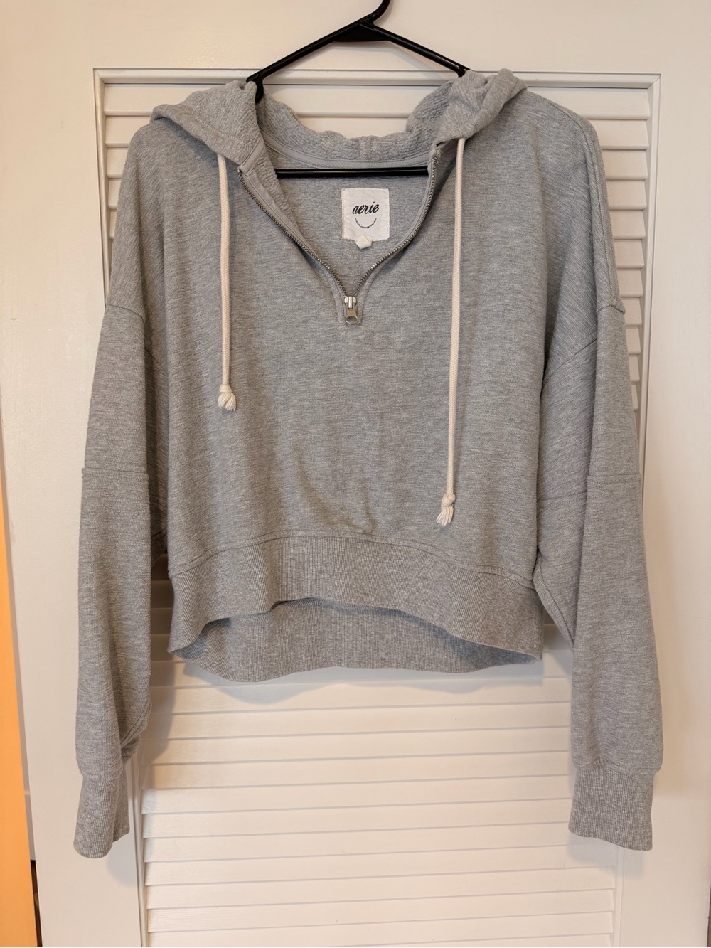 aerie Light Gray Cropped Half-Zip Hoodie with Drawstrings